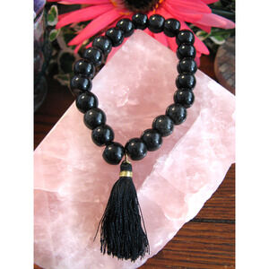 New Natural Black Obsidian Beaded Cuff Bracelet w/ Tassel